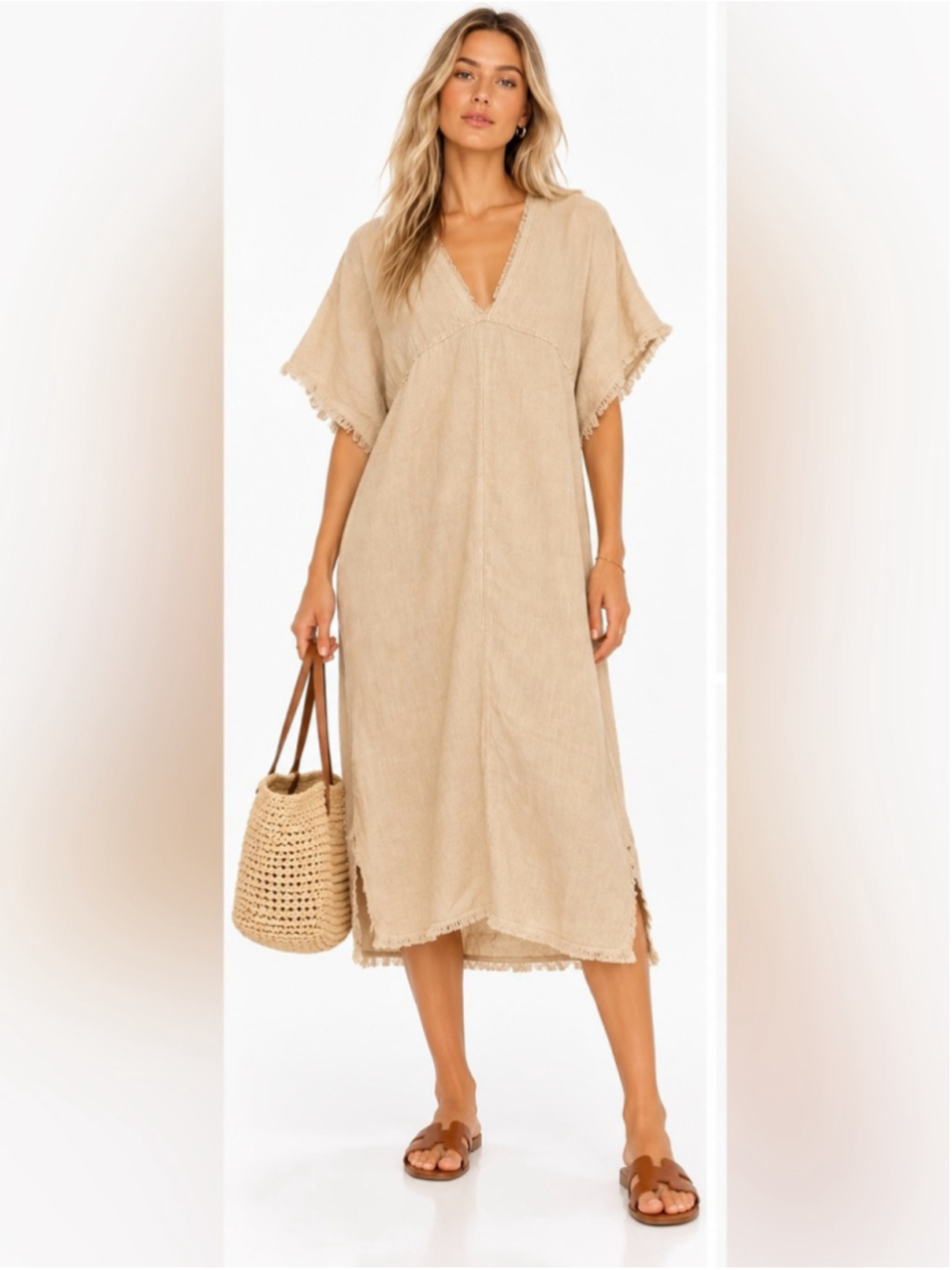 Zara Linen Blend Oversized Kaftan Maxi Dress Beige XS